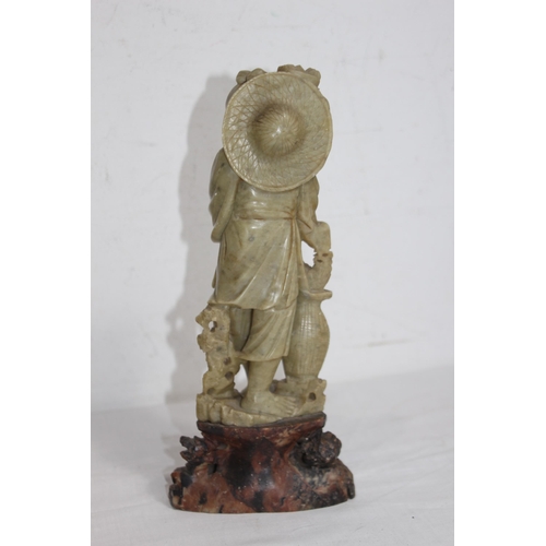 307 - 2 X SOAPSTONE AND 2 X CARVED ORIENTAL FIGURES 
31CM