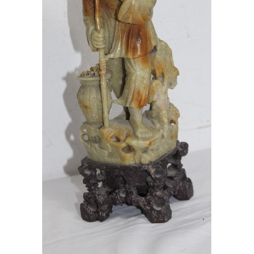 307 - 2 X SOAPSTONE AND 2 X CARVED ORIENTAL FIGURES 
31CM