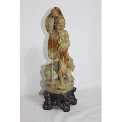 307 - 2 X SOAPSTONE AND 2 X CARVED ORIENTAL FIGURES 
31CM