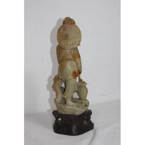 307 - 2 X SOAPSTONE AND 2 X CARVED ORIENTAL FIGURES 
31CM