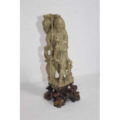 307 - 2 X SOAPSTONE AND 2 X CARVED ORIENTAL FIGURES 
31CM