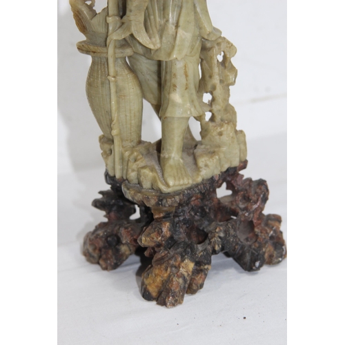 307 - 2 X SOAPSTONE AND 2 X CARVED ORIENTAL FIGURES 
31CM