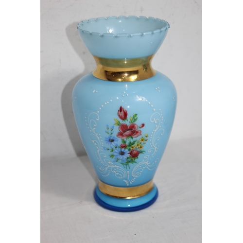 311 - PAIR OF BLUE ART GLASS FlORAL DESIGN VASES 
26CM