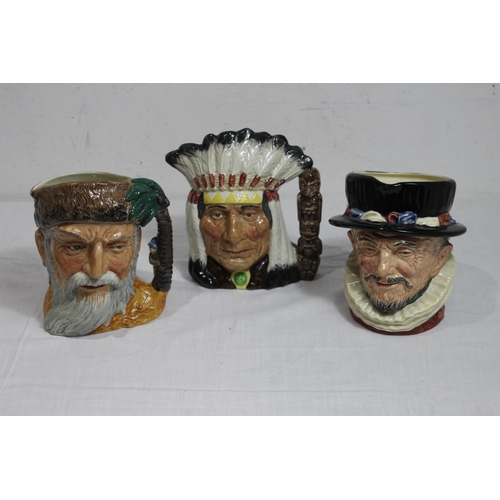 392 - 3 X ROYAL DOULTON TOBY JUGS - BEEFEATER, NORTH AMERICAN INDIAN AND ROBINSON CRUSOE 
17CM