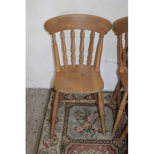 32 - 6 X FARMHOUSE PINE DINING CHAIRS - TWO ARE CARVERS 
58 X 44 X 90