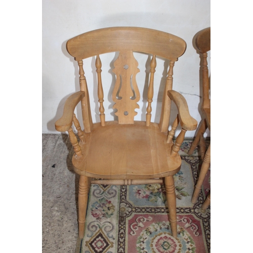 32 - 6 X FARMHOUSE PINE DINING CHAIRS - TWO ARE CARVERS 
58 X 44 X 90