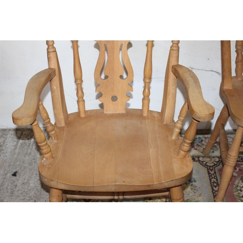 32 - 6 X FARMHOUSE PINE DINING CHAIRS - TWO ARE CARVERS 
58 X 44 X 90