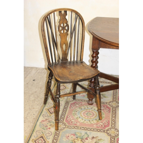 53 - BARLEY TWIST TABLE AND TWO WHEEL BACK CHAIRS 
90 X 71 X 120