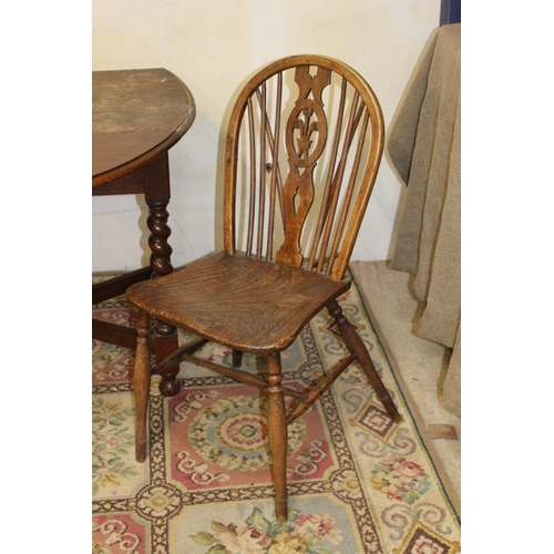 53 - BARLEY TWIST TABLE AND TWO WHEEL BACK CHAIRS 
90 X 71 X 120