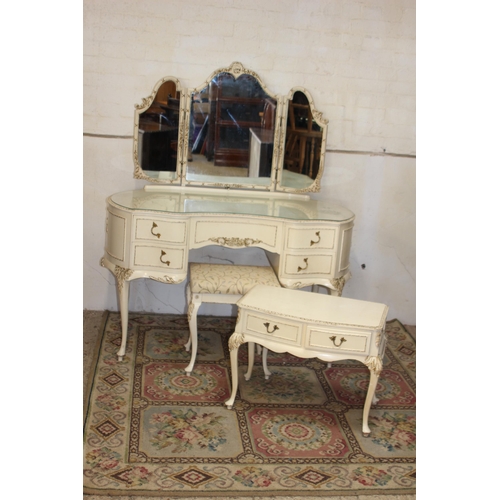 68 - QUEEN ANNE STYLE DRESSING TABLE, MIRROR, STOOL AND SMALL CHEST OF DRAWERS