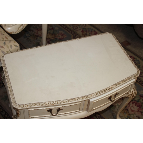 68 - QUEEN ANNE STYLE DRESSING TABLE, MIRROR, STOOL AND SMALL CHEST OF DRAWERS