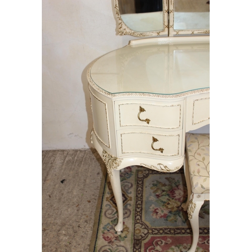 68 - QUEEN ANNE STYLE DRESSING TABLE, MIRROR, STOOL AND SMALL CHEST OF DRAWERS