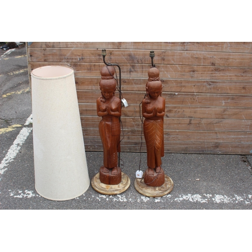 232 - VINTAGE LARGE PAIR OF FIGURAL THAI TEAK LAMPS ON A MARBLE BASE 
96CM