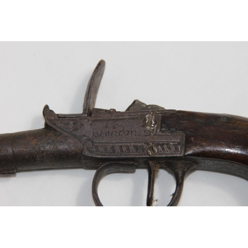 877 - ANTIQUE SEGALAS LONDON FLINT LOCK PISTOL - NEEDS RESTORATION 
16CM