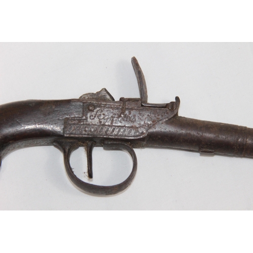 877 - ANTIQUE SEGALAS LONDON FLINT LOCK PISTOL - NEEDS RESTORATION 
16CM