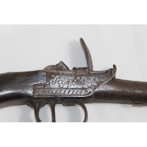 877 - ANTIQUE SEGALAS LONDON FLINT LOCK PISTOL - NEEDS RESTORATION 
16CM