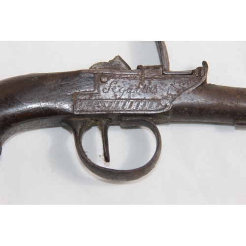 877 - ANTIQUE SEGALAS LONDON FLINT LOCK PISTOL - NEEDS RESTORATION 
16CM