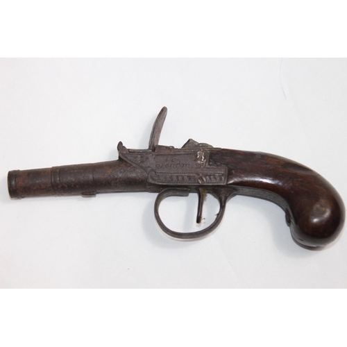 877 - ANTIQUE SEGALAS LONDON FLINT LOCK PISTOL - NEEDS RESTORATION 
16CM