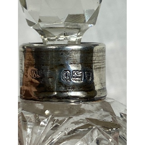 1084 - SILVER COLLARED CUT GLASS SMALL PERFUME BOTTLE - LONDON 1915 AND ONE OTHER