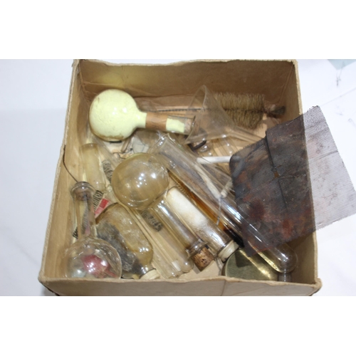 568 - VINTAGE CHEMISTRY 6 SET AND BOX OF CHEMISTRY GLASS VIALS ETC