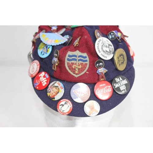 627 - VINTAGE SCHOOL CAP WITH COLLECTABLE BADGES