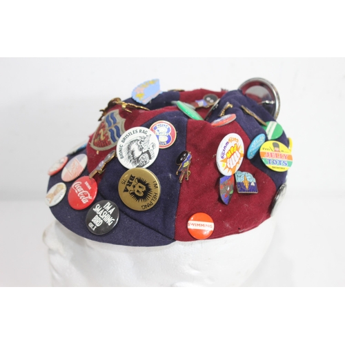 627 - VINTAGE SCHOOL CAP WITH COLLECTABLE BADGES