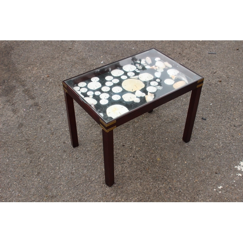 124 - DISPLAY TABLE WITH ASSORTED SHELLS 
60 X 40 X 45CM