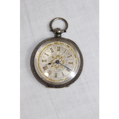 1092 - SILVER DIAL SWISS SILVER 935 GRADE POCKET WATCH WITH GILT DIAL DECORATION