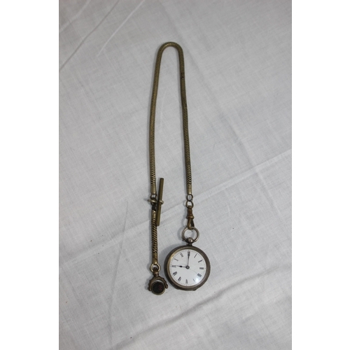 1097 - SWISS SILVER FOB WATCH ON A METAL CHAIN WITH SWIZZLE FOB