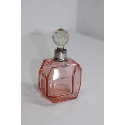 1144 - SILVER COLLARED FACET CUT PINK GLASS PERFUME BOTTLE - LONDON 1934