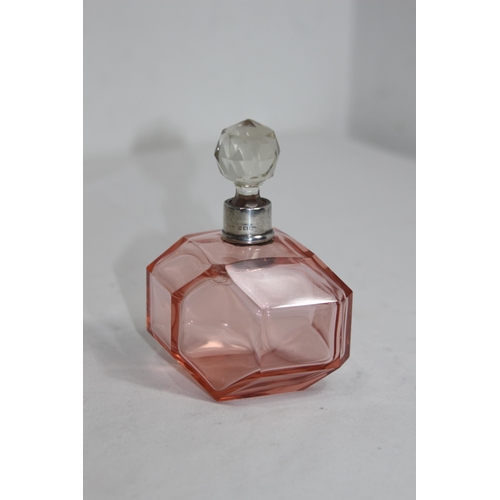 1144 - SILVER COLLARED FACET CUT PINK GLASS PERFUME BOTTLE - LONDON 1934