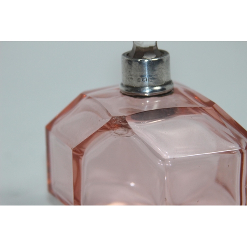 1144 - SILVER COLLARED FACET CUT PINK GLASS PERFUME BOTTLE - LONDON 1934