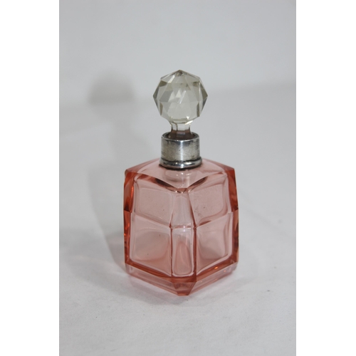 1144 - SILVER COLLARED FACET CUT PINK GLASS PERFUME BOTTLE - LONDON 1934