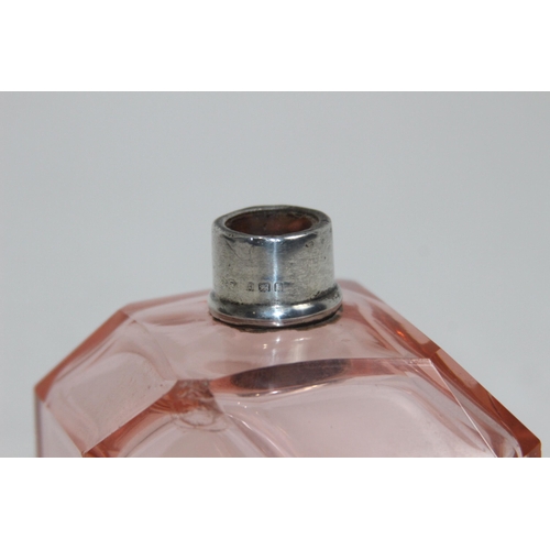 1144 - SILVER COLLARED FACET CUT PINK GLASS PERFUME BOTTLE - LONDON 1934