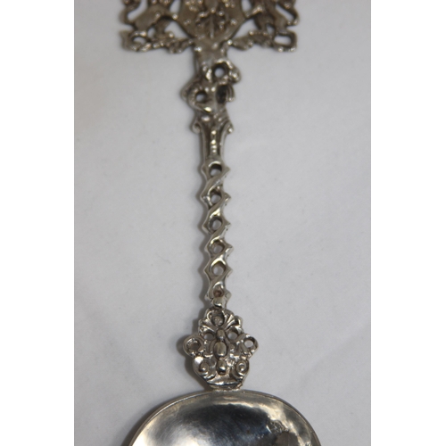 1156 - LARGE SILVER DUTCH SPOON - 54G - HATCHET MARK USED 1853 - 1927 AS A TAX MARK - LION INDICATES 2ND ST... 