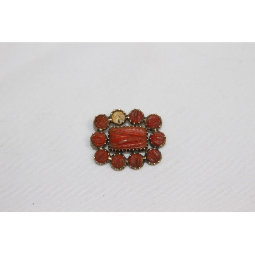 1244 - 19TH CENTURY 9ct GOLD PINK CORAL SET MOURNING BROOCH - 1 PIECE ABSENT