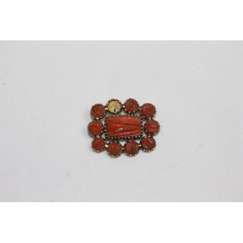 1244 - 19TH CENTURY 9ct GOLD PINK CORAL SET MOURNING BROOCH - 1 PIECE ABSENT