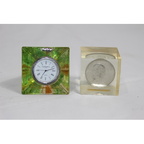 912 - CAITHNESS PAPERWEIGHT CLOCK PLUS PAPERWEIGHT