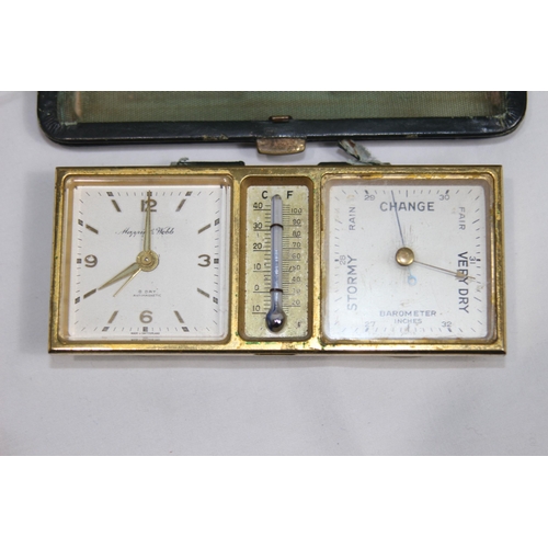 913 - MAPPIN AND WEBB GREEN LEATHER CASED CLOCK AND BAROMETER