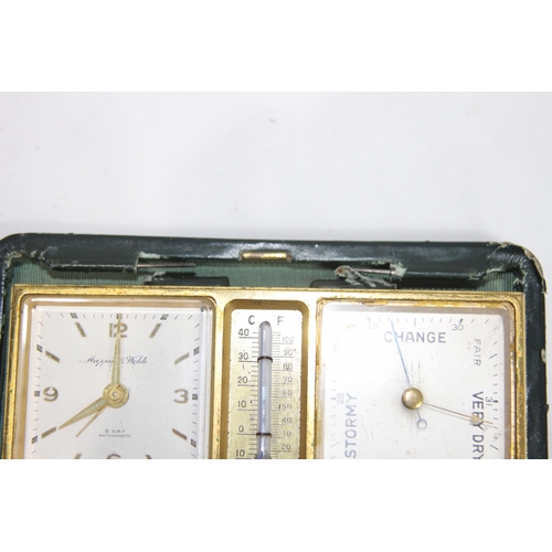 913 - MAPPIN AND WEBB GREEN LEATHER CASED CLOCK AND BAROMETER