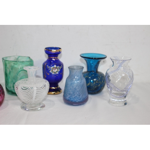 230 - QUANTITY OF SMALL COLOURED ART GLASS VASES 
13CM