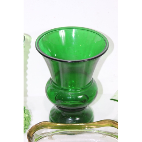 232 - QUANTITY OF GREEN COLOURED ART GLASS VASES 
26CM