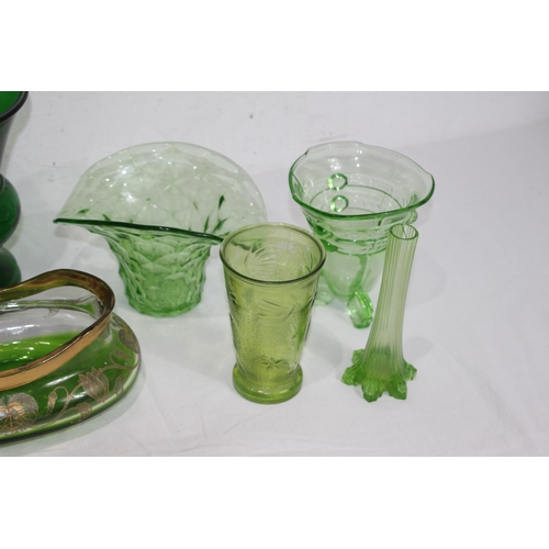 232 - QUANTITY OF GREEN COLOURED ART GLASS VASES 
26CM