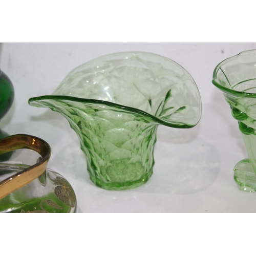 232 - QUANTITY OF GREEN COLOURED ART GLASS VASES 
26CM