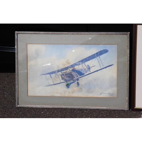 126 - VINTAGE MILITARY AIRCRAFT WATERCOLOUR SIGNED C. RONALD GIBBON 1921 AND PRINT 
59 X 39CM