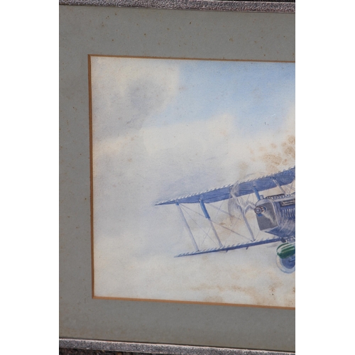 126 - VINTAGE MILITARY AIRCRAFT WATERCOLOUR SIGNED C. RONALD GIBBON 1921 AND PRINT 
59 X 39CM