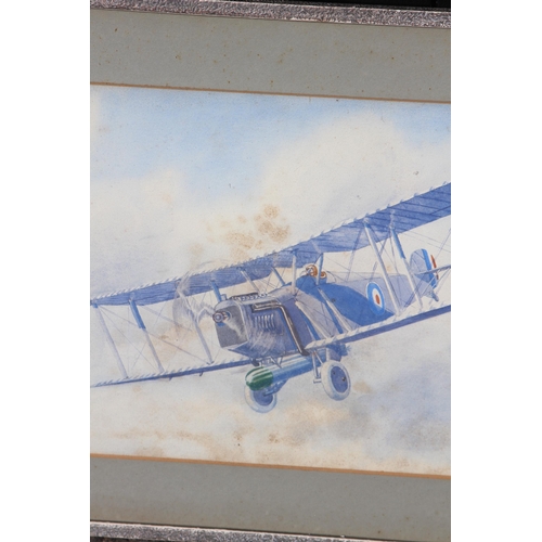 126 - VINTAGE MILITARY AIRCRAFT WATERCOLOUR SIGNED C. RONALD GIBBON 1921 AND PRINT 
59 X 39CM