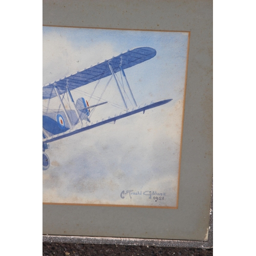 126 - VINTAGE MILITARY AIRCRAFT WATERCOLOUR SIGNED C. RONALD GIBBON 1921 AND PRINT 
59 X 39CM