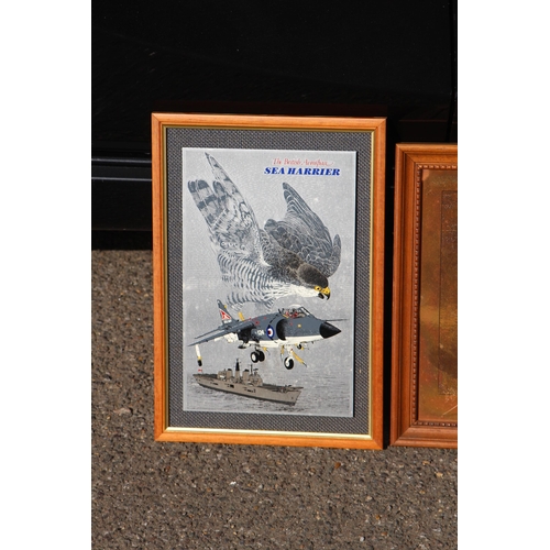 134 - PAIR OF MILITARY PLANE SIGNED R. EAMES PRINTS AND TWO METAL PRINTS 
48 X 32CM