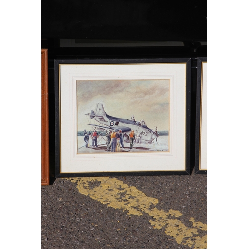 134 - PAIR OF MILITARY PLANE SIGNED R. EAMES PRINTS AND TWO METAL PRINTS 
48 X 32CM